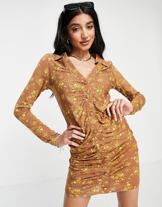 Платье-рубашка мини горчичного цвета с цветочным принтом и сборками ASOS DESIGN-Желтый
