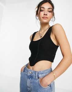 Черный топ-корсет в мелкий рубчик Bershka