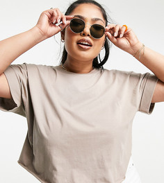 Серо-бежевая укороченная футболка с отворотами на рукавах ASOS DESIGN Curve-Светло-бежевый