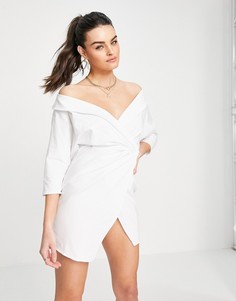 Белое платье-рубашка мини с оборкой на подоле и открытыми плечами ASOS DESIGN-Белый