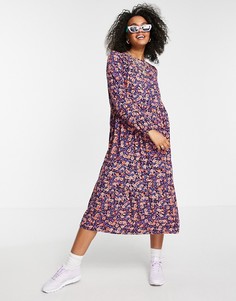 Фиолетовое платье миди с присборенной юбкой и мелким цветочным принтом Pieces-Многоцветный