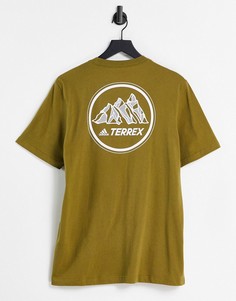 Футболка цвета хаки с принтом горы и логотипом adidas Outdoors Terrex-Зеленый цвет