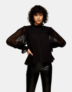 Черная блузка с отделкой бисером на кокетке Topshop-Черный цвет
