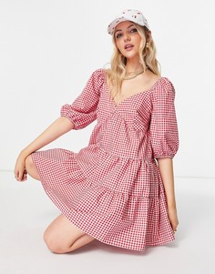 Свободное ярусное платье мини в красно-белую клетку ASOS DESIGN-Многоцветный