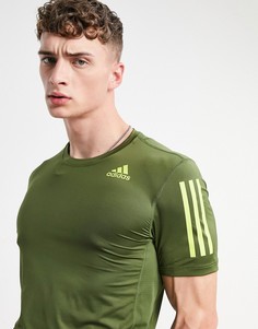 Футболка цвета хаки с 3 полосками adidas Training-Зеленый цвет