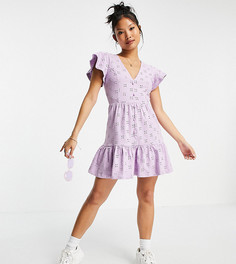 Сиреневое платье мини на пуговицах с вышивкой ришелье, оборкой по краю и V-образным вырезом ASOS DESIGN Petite-Фиолетовый цвет