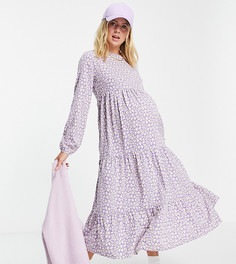 Фиолетовое ярусное платье макси с присборенной юбкой и цветочным принтом Pieces Maternity-Многоцветный