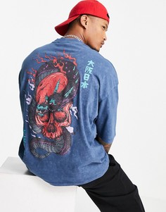 Oversized-футболка выбеленного синего цвета с принтом в виде черепа на спине ASOS DESIGN-Голубой