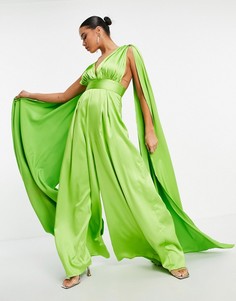 Комбинезон лаймово-зеленого цвета с глубоким вырезом, кейпом и широкими штанинами Yaura-Зеленый цвет