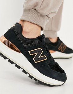 Черные кроссовки на танкетке с отделкой цвета розового золота New Balance 574-Черный цвет