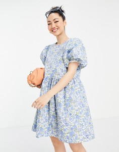Платье мини с пышными рукавами, присборенной юбкой и синим цветочным принтом Vila-Многоцветный