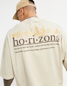 Бежевая футболка из органического хлопка в стиле oversized с принтом "Horizon" на спине ASOS DESIGN-Светло-бежевый