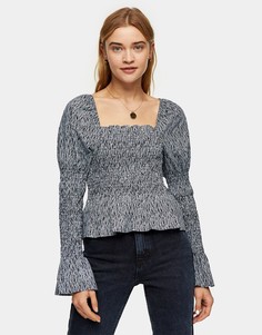 Синяя присборенная блузка с мелким звериным принтом Topshop-Голубой