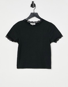 Футболка в рубчик с кружевной отделкой Brave Soul Kaiko-Черный цвет