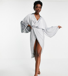 Атласное платье-рубашка с открытой спиной и пышными рукавами на манжете ASOS DESIGN Tall-Голубой