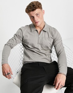 Лонгслив-поло серого цвета с молнией Jack & Jones Premium-Светло-бежевый