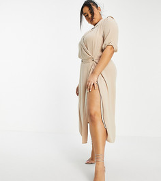 Платье-смокинг миди с запахом и подплечниками светло-бежевого цвета ASOS DESIGN Curve-Светло-бежевый