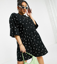 Платье мини в стиле oversized с присборенной юбкой и заниженной талией в горошек ASOS DESIGN Curve-Черный цвет