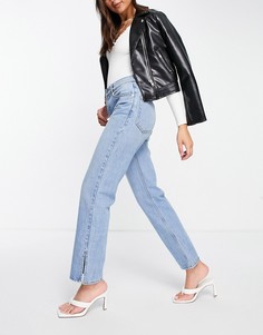 Синие выбеленные джинсы прямого кроя с заниженной талией и разрезами ASOS DESIGN-Голубой