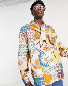Свободная рубашка в стиле oversized с добавлением льна, принтом открыток ASOS DESIGN-Многоцветный