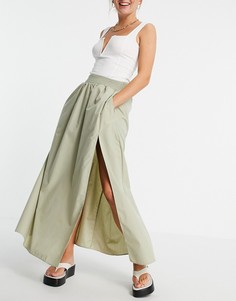Юбка макси цвета хаки из хлопка с разрезом сбоку ASOS DESIGN-Зеленый цвет
