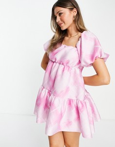 Розовое свободное асимметричное платье мини в крупную клетку со сборками ASOS DESIGN-Многоцветный