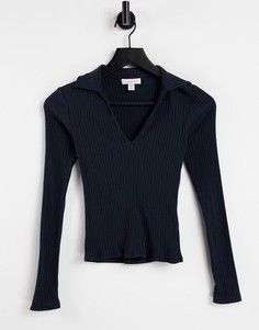 Черный топ в рубчик с воротником и длинными рукавами Topshop