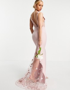 Платье макси нежно-розового цвета с кружевным вставками с объемным цветочным узором Jarlo-Розовый цвет