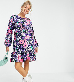 Платье с присборенной юбкой и ярким цветочным принтом Mamalicious Maternity-Темно-синий Mama.Licious