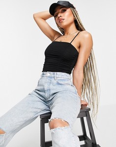 Черное присборенное боди с бретельками и декоративными швами ASOS DESIGN-Черный цвет