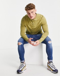 Трикотажное поло цвета хаки с длинными рукавами из органического хлопка ASOS DESIGN-Зеленый цвет