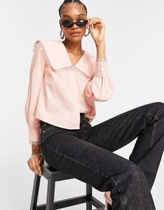 Розовая рубашка с круглым отложным воротником и кружевной отделкой Y.A.S-Розовый цвет