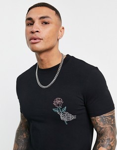 Черная облегающая футболка с принтом розы в руке на груди ASOS DESIGN-Черный цвет