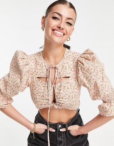 Хлопковый кроп-топ с вырезом спереди, завязкой и мелким цветочным принтом ASOS DESIGN-Многоцветный