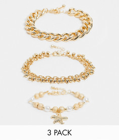 Набор из 3 золотистых браслетов с подвеской в виде морской звезды и жемчужинами ASOS DESIGN-Золотистый