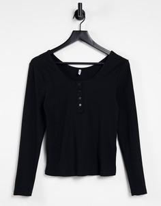 Черная футболка на пуговицах спереди с овальным вырезом Only-Черный цвет