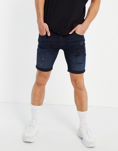 Сине-черные зауженные джинсовые шорты со рваной отделкой Jack & Jones Intelligence-Голубой