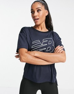 Черная футболка с большим логотипом и сеточкой New Balance Running Achiever-Черный цвет