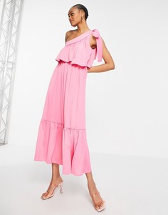Розовое платье миди на одно плечо с завязкой и ярусным верхом Y.A.S-Розовый цвет