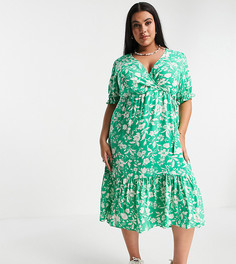 Зеленое платье миди с короткими рукавами, цветочным принтом и присборенными манжетами New Look Curve-Зеленый цвет