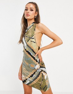 Атласное платье мини с платочным принтом и завязкой через шею ASOS DESIGN-Многоцветный