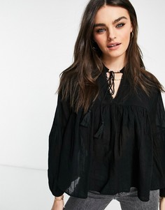 Черная блузка с длинными объемными рукавами и высоким воротником из тканого материала Only-Черный цвет