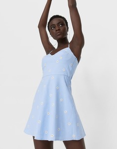 Синее платье мини в корсетном стиле с цветочной вышивкой Stradivarius-Голубой