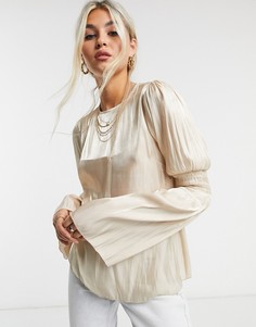 Золотистая атласная блузка с присборенными рукавами Topshop-Золотистый