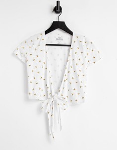 Белая футболка с цветочным принтом, запахом и завязками спереди Hollister-Белый
