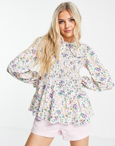 Белая свободная блузка в стиле oversized с воротником и цветочным принтом Pieces-Многоцветный