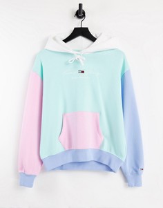 Худи с линейным логотипом и в стиле колор-блок пастельных цветов Tommy Jeans-Голубой