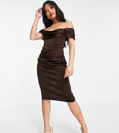 Платье-футляр миди с корсетной вставкой, драпировкой и открытыми плечами шоколадного цвета ASOS DESIGN Petite-Коричневый цвет