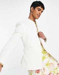 Зауженный пиджак из белого жаккарда с запахом и поясом ASOS DESIGN wedding-Белый