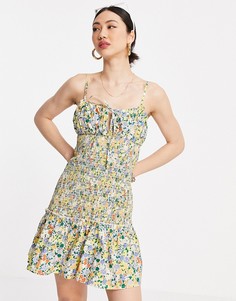 Платье мини из хлопкового поплина на тонких бретелях со сборками на лифе и талии и цветочным принтом ASOS DESIGN-Многоцветный